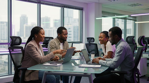 Diverse group of young African tech professionals collaborating