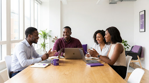 Professional diverse students collaborating in a high-tech learning environment